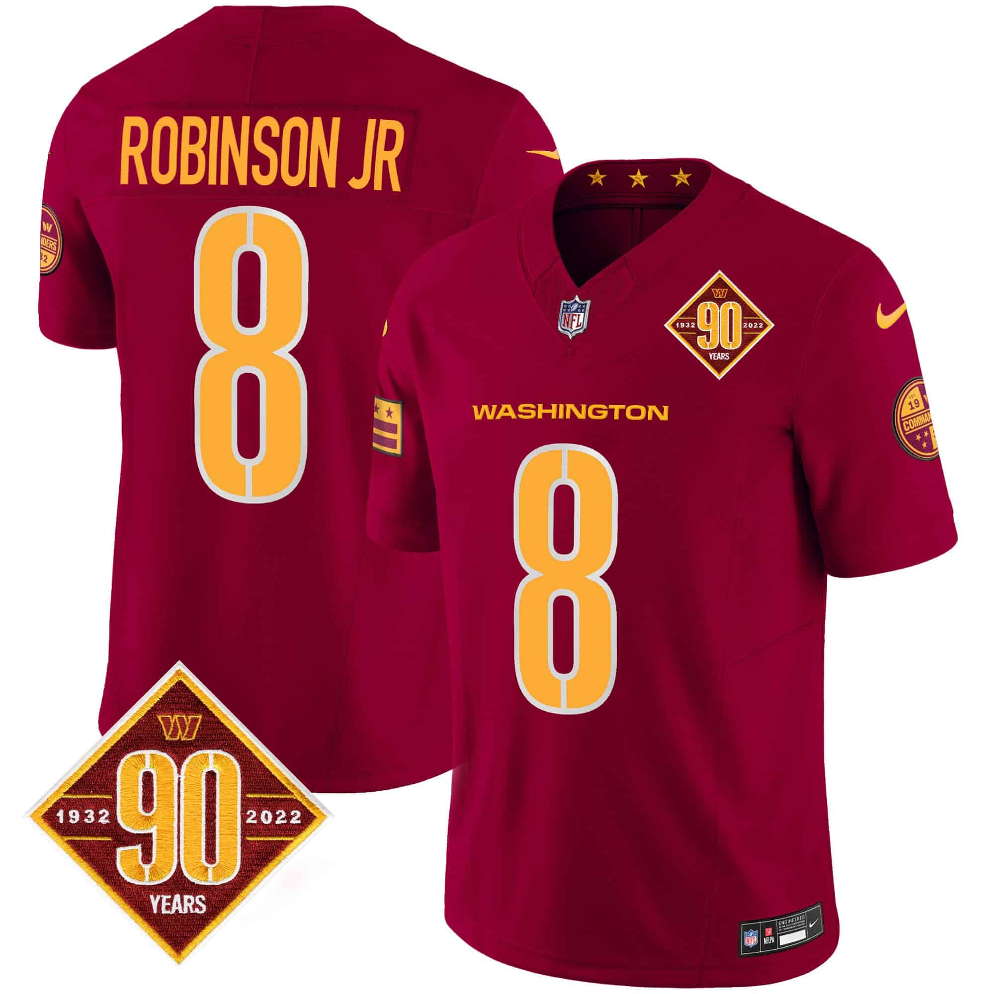 Men Washington Commanders 8 Robinson jr Red 90th Anniversary Patch 2024 Nike Vapor Limited NFL Jersey style 1